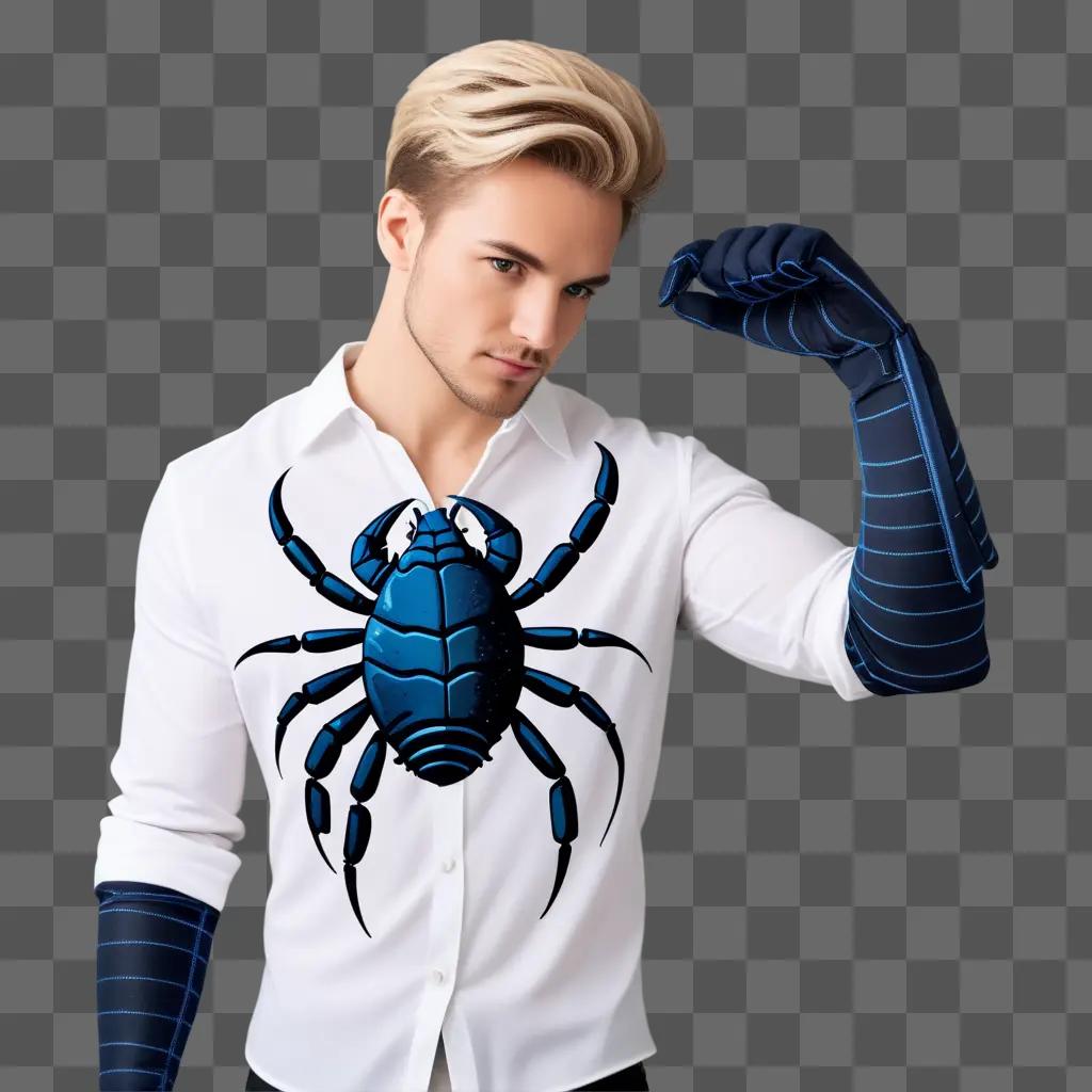 Man with scorpion tattoo and blue glove posing