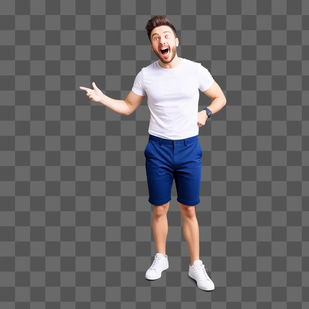 Man with surprised expression and blue shorts