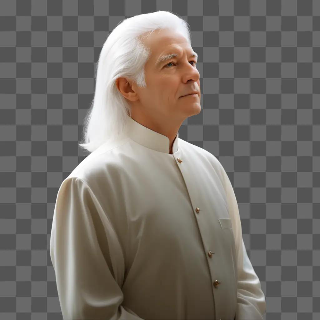 Man with white hair in white shirt