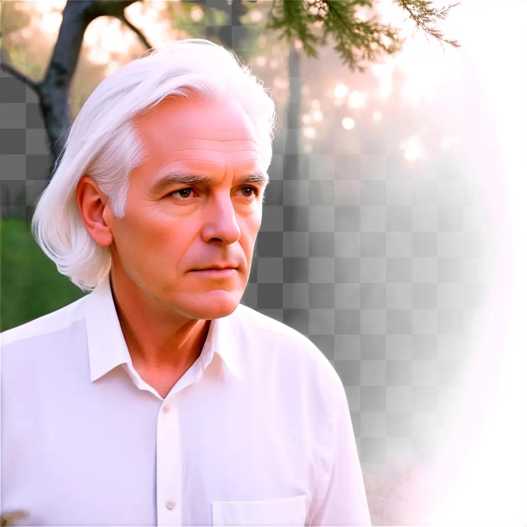 Man with white hair looking off to the side