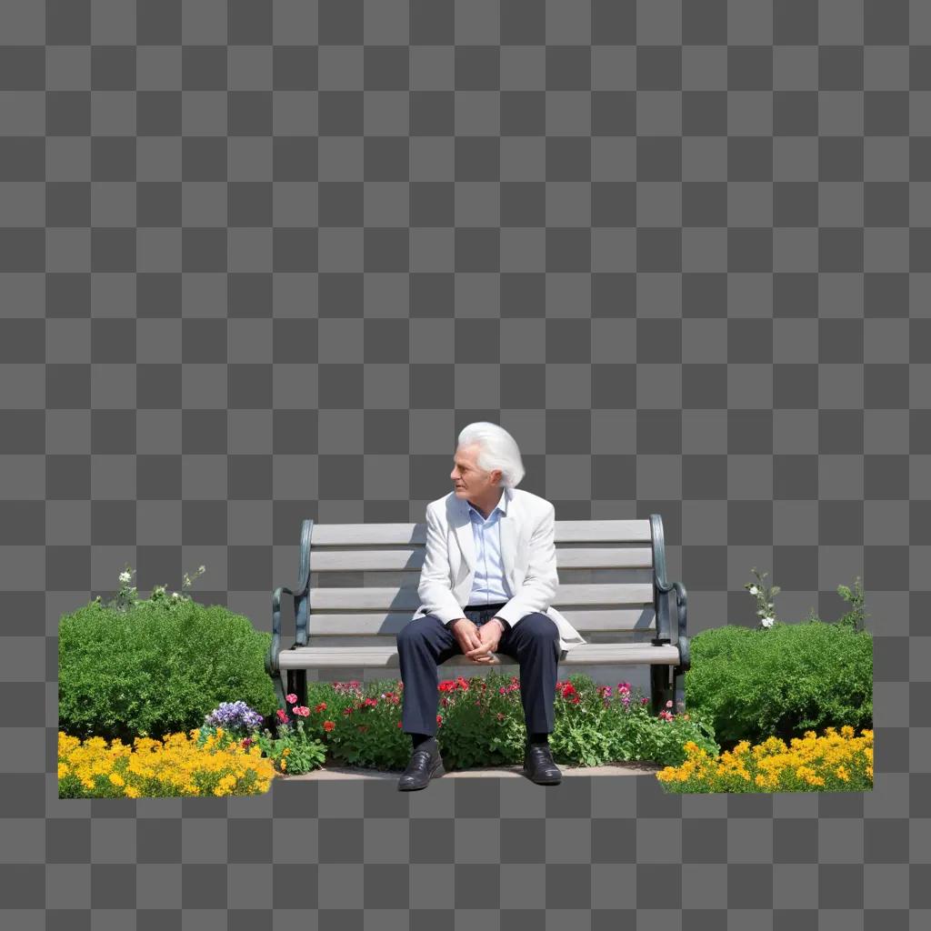 Man with white hair sitting on bench in garden