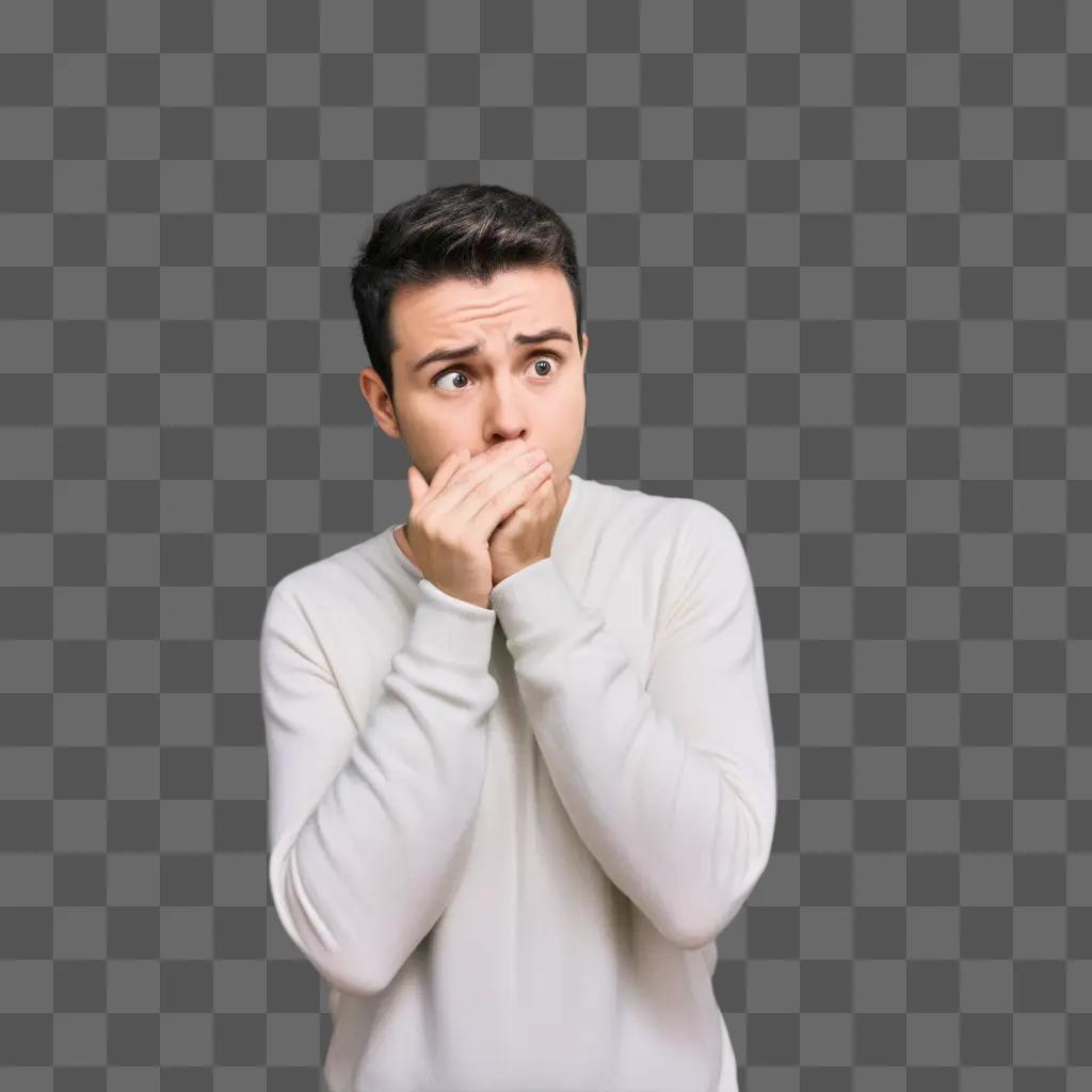 Man with white shirt covering mouth in nervous pose