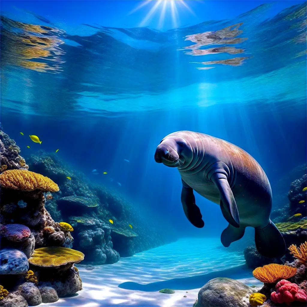 Manatee swims through a coral reef