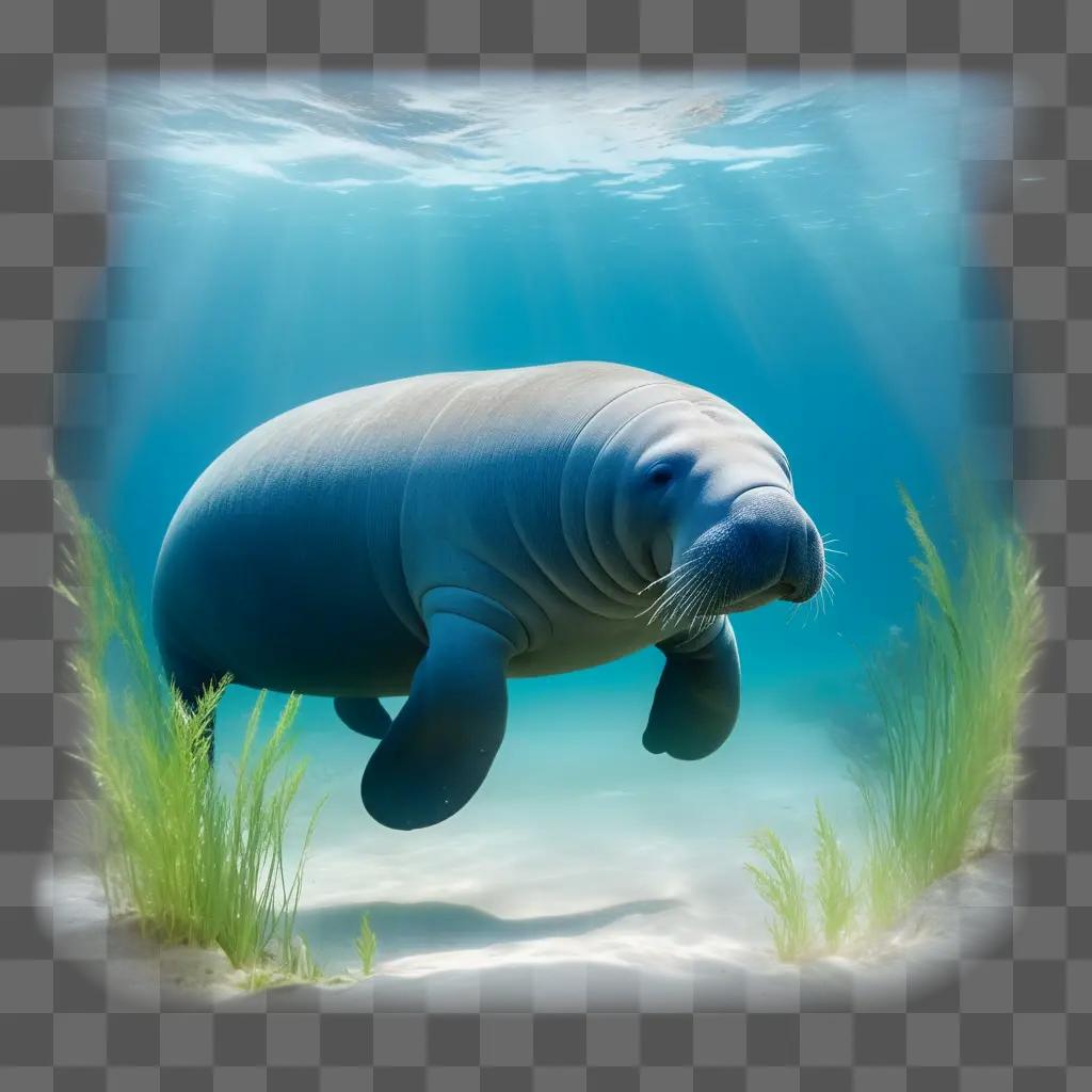 Manatee swims through green grass and sunlight