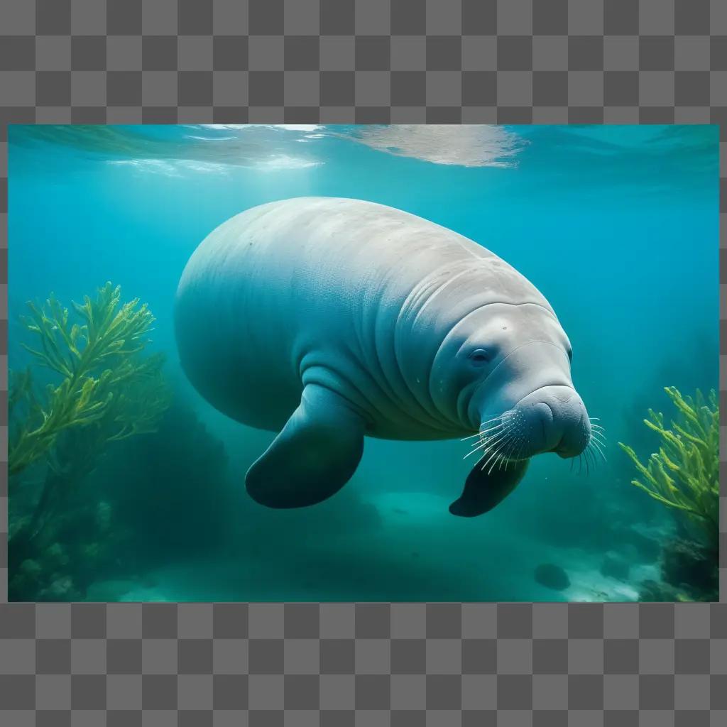 Manatee swims through the ocean with coral and sea grass