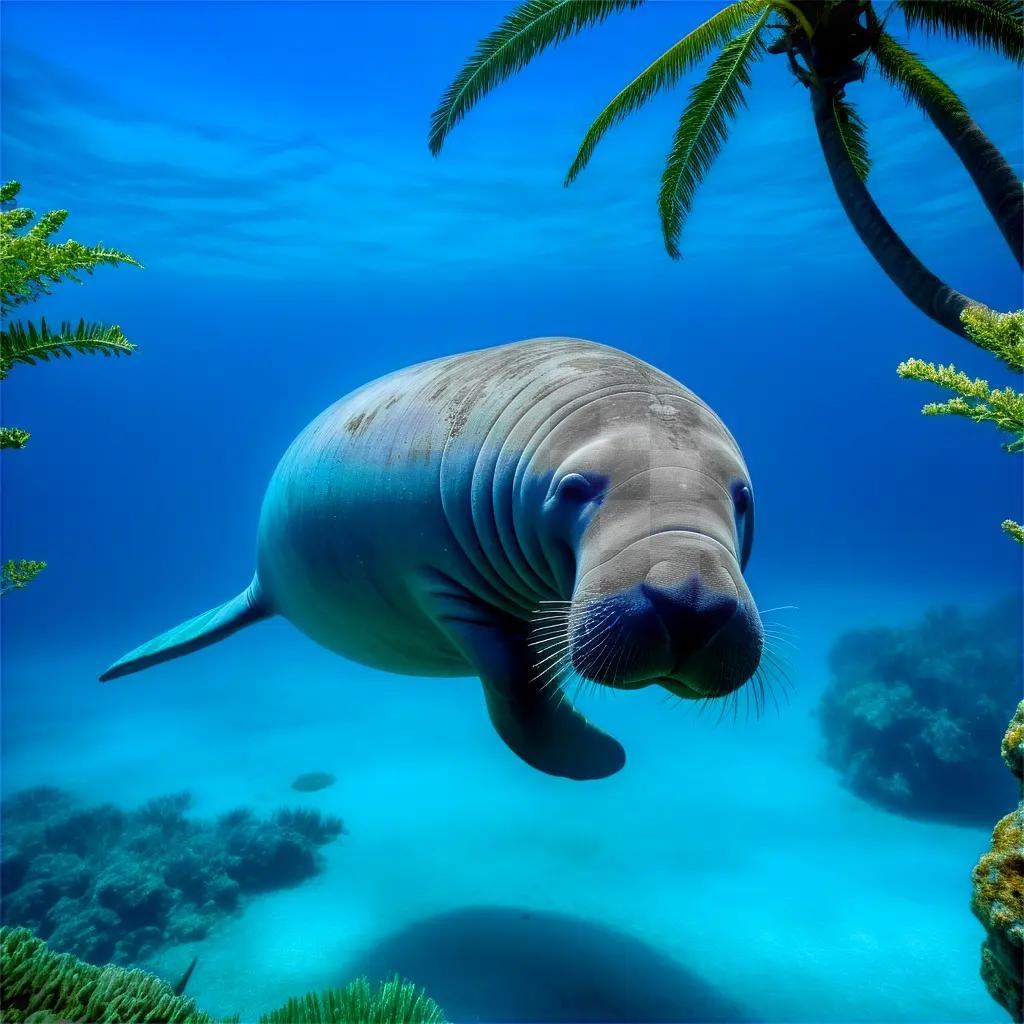 Manatee swims under palm trees in the ocean