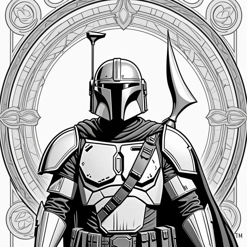 Mandalorian color page featuring a Mandalorian in a black and white coloring book