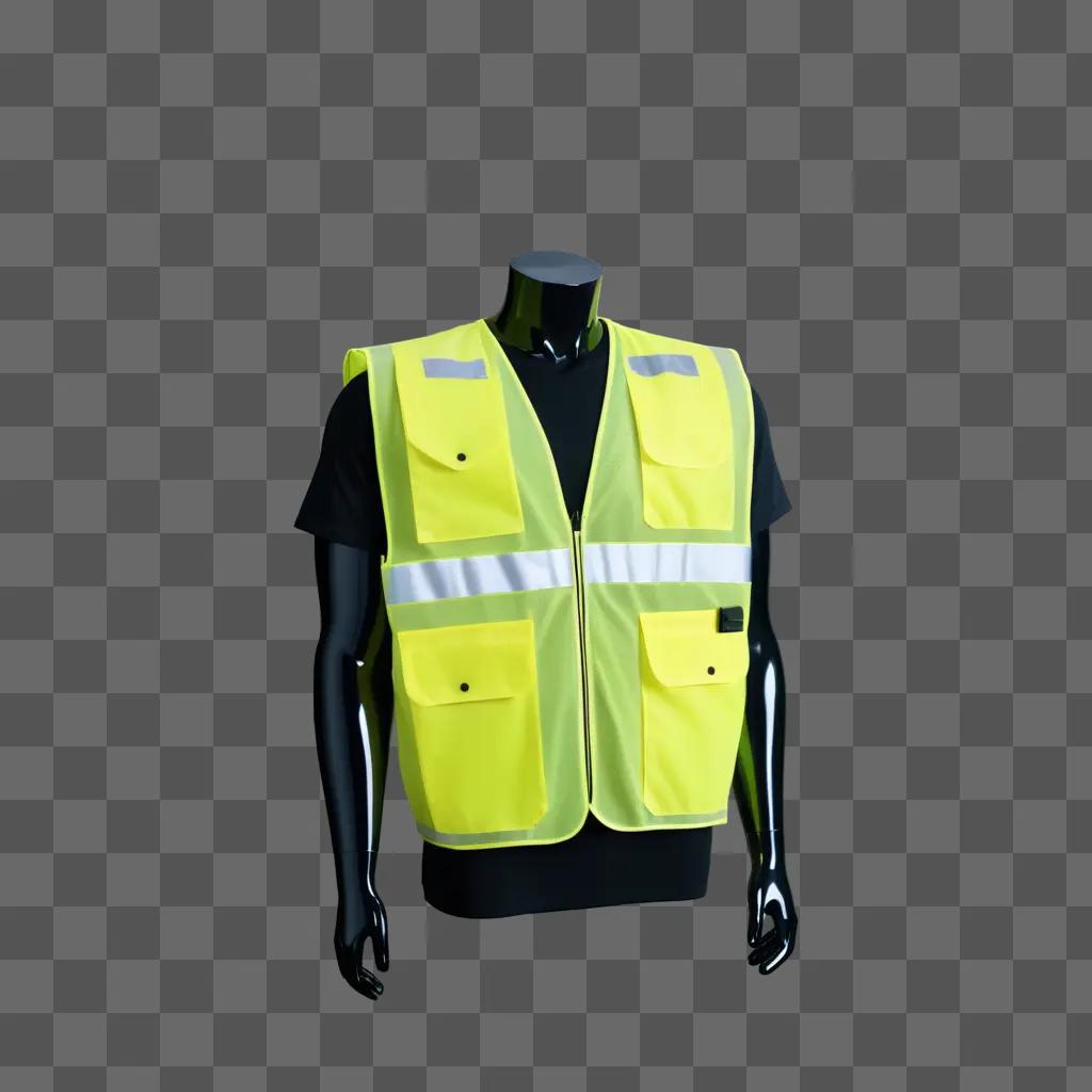 Mannequin wearing yellow safety vest on green wall