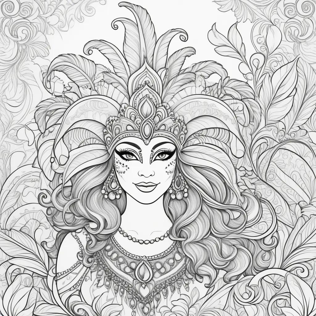 Mardi Gras coloring pages feature a woman with a feathered hat and necklace