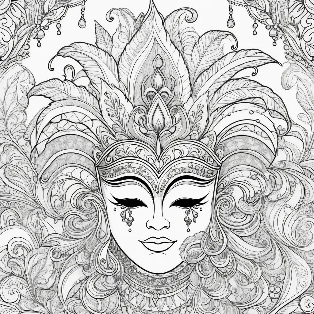 Mardi Gras coloring pages show a fancy face with a feathered headdress