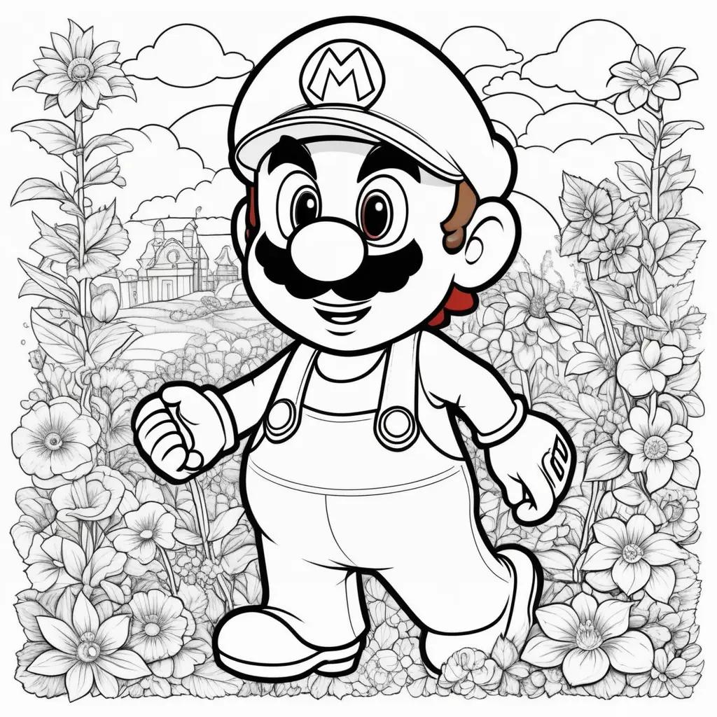 Mario Coloring Page in a Flower Garden