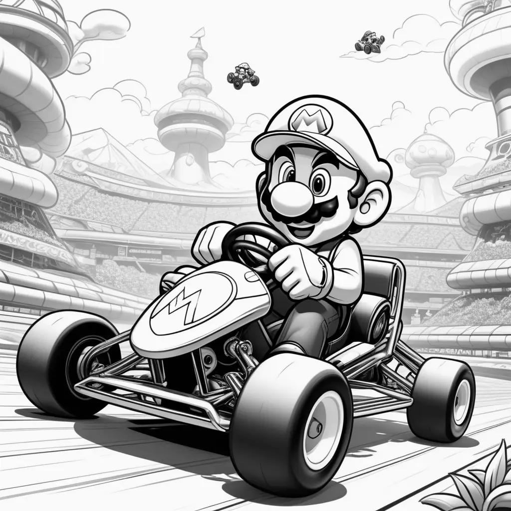 Mario Kart Coloring Page with a black and white color scheme