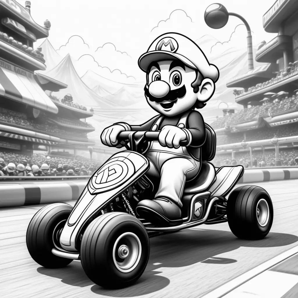 Mario Kart color pages: a cartoon of a man driving a race car