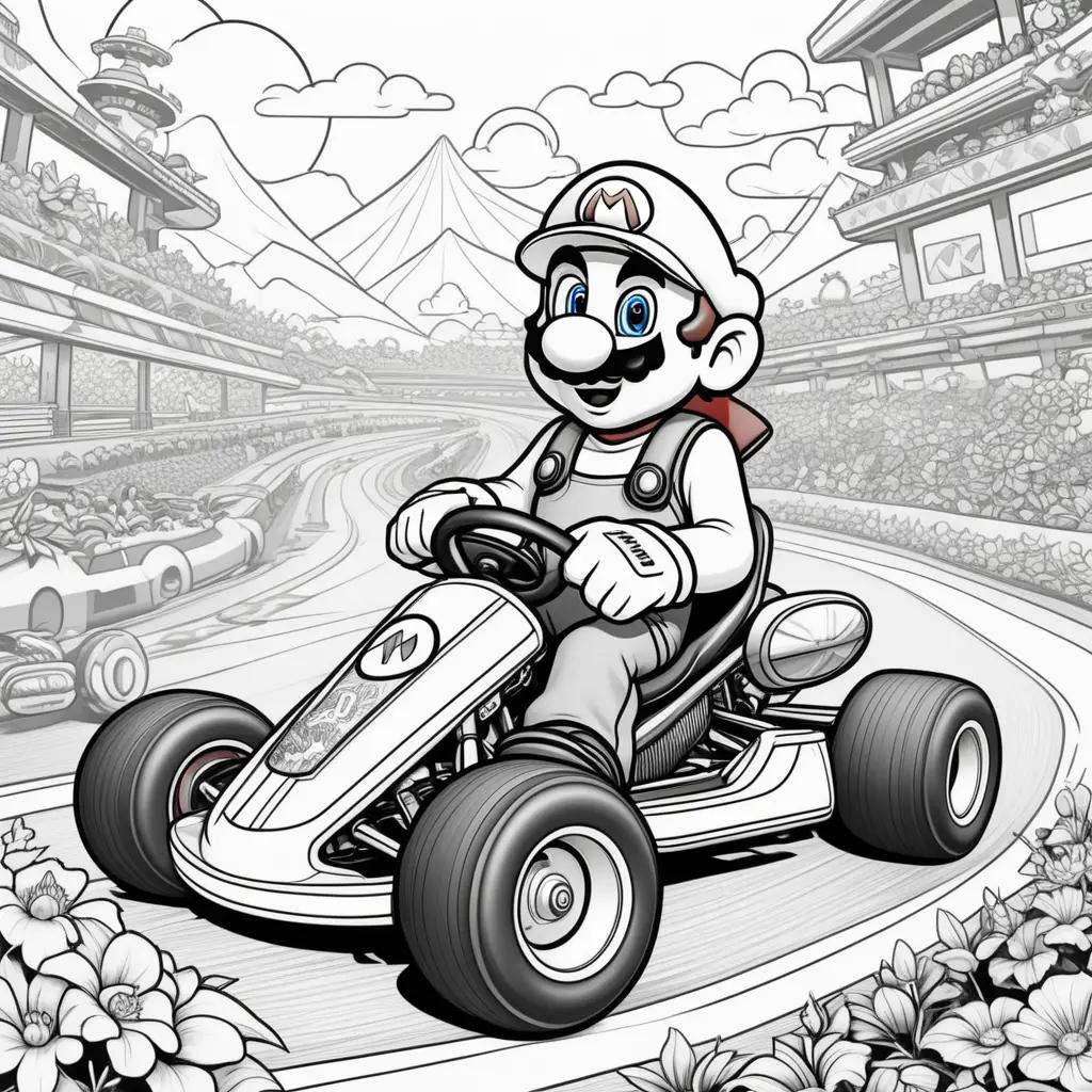 Mario Kart coloring page featuring a cartoon character in a go-kart