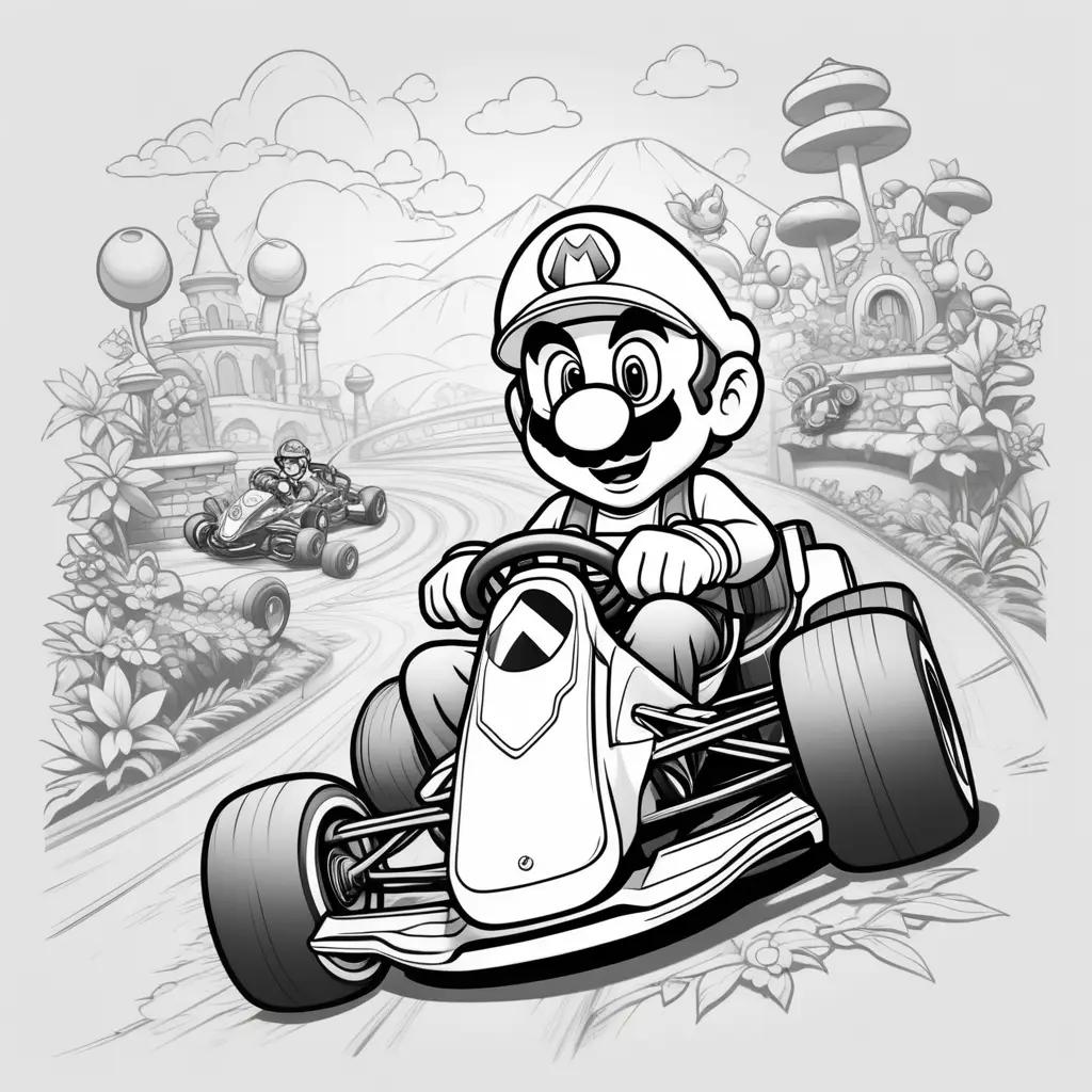 Mario Kart coloring pages show a cart race on a scenic track