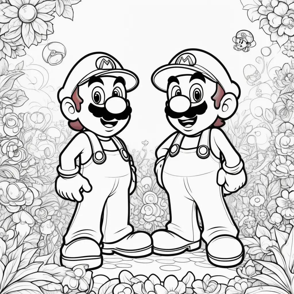 マリオとルイージのぬりえ:満面の笑みを浮かべた2人の愛らしい漫画のキャラクター、色を塗る準備ができています