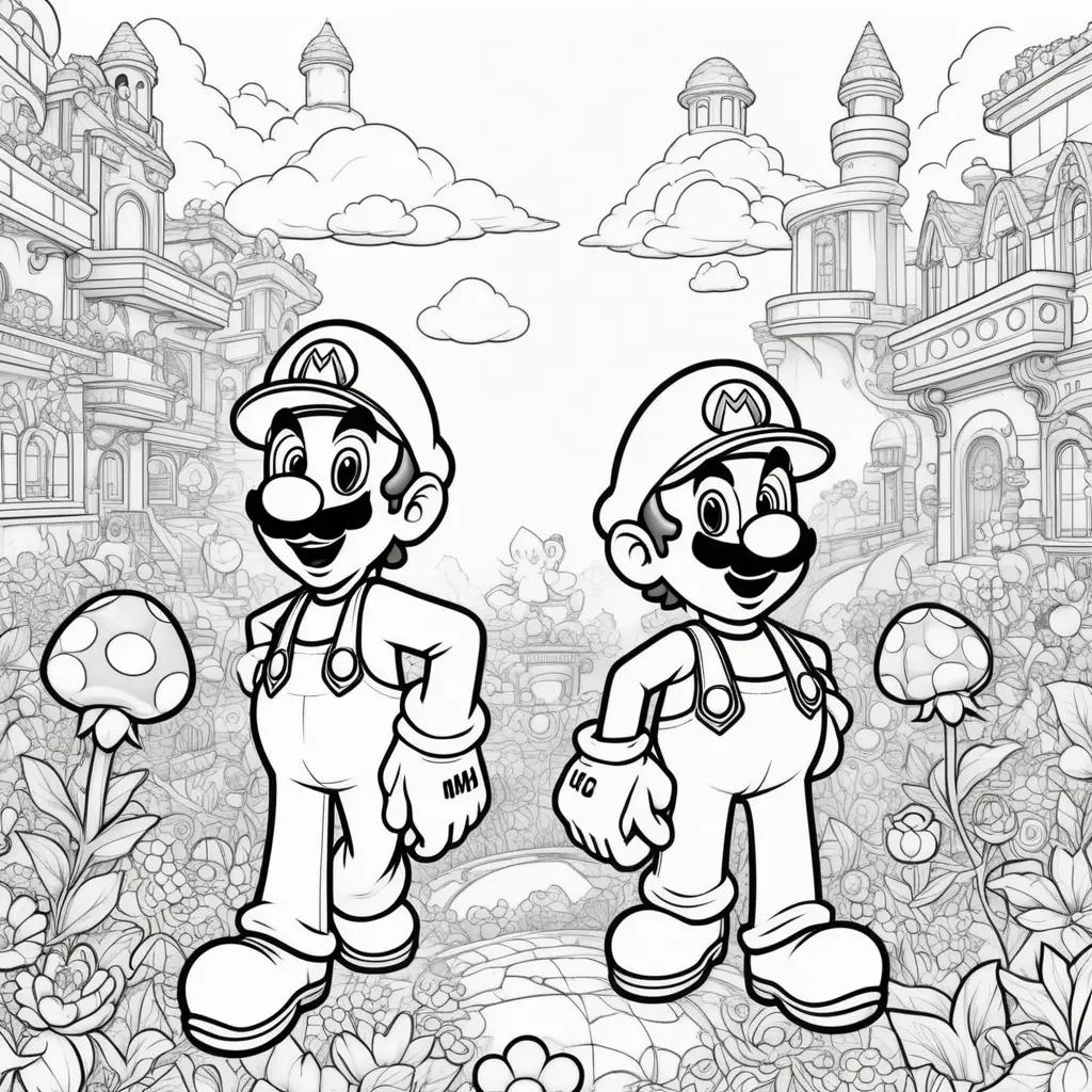 Mario and Luigi coloring page featuring a city scene