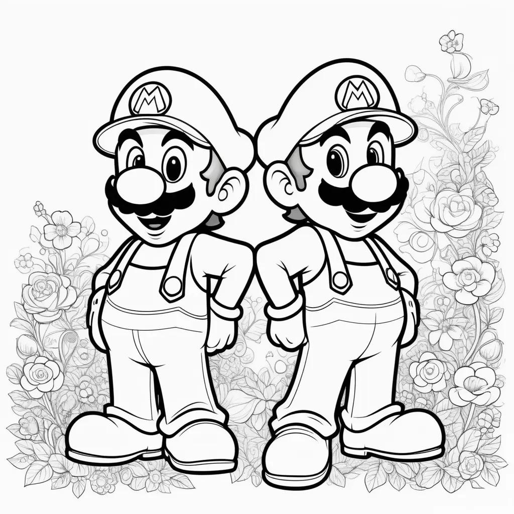 Mario and Luigi coloring page with flowers