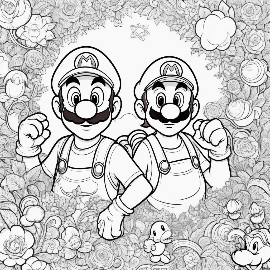 Mario and Luigi coloring page with flowers