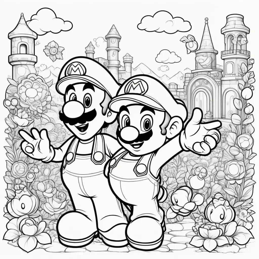 Mario and Luigi coloring pages with castle and flowers