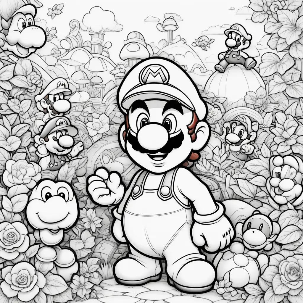 Mario characters coloring pages: cartoon, black and white, mushroom kingdom