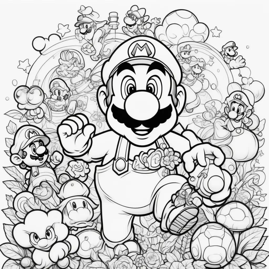 Mario coloring pages with black and white illustrations