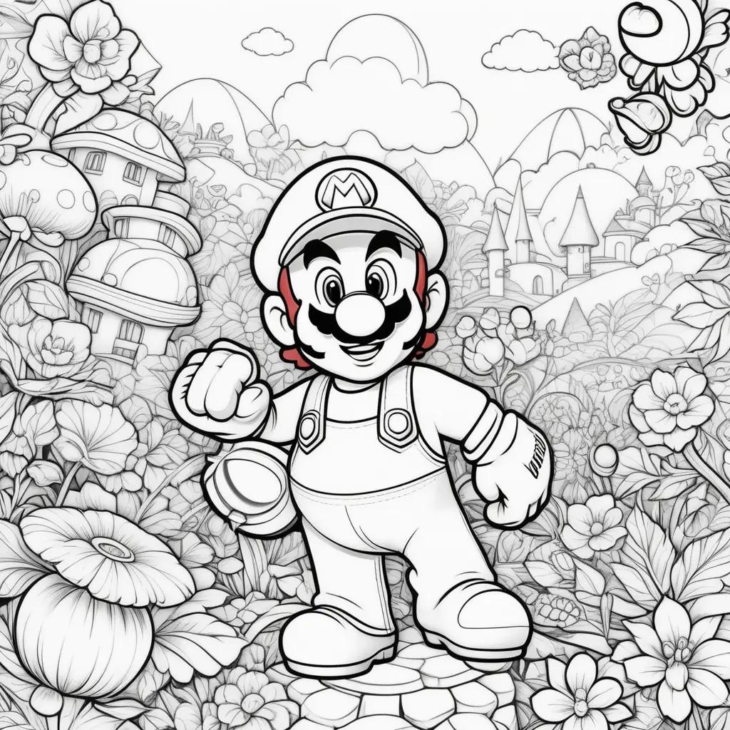 Mario coloring pages with flower and castle