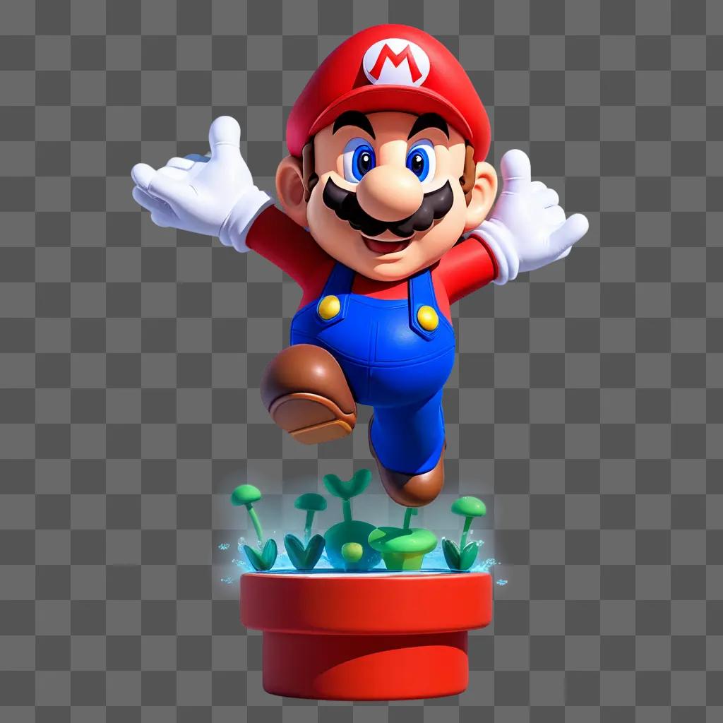 Mario jumping in a red pot with green plants