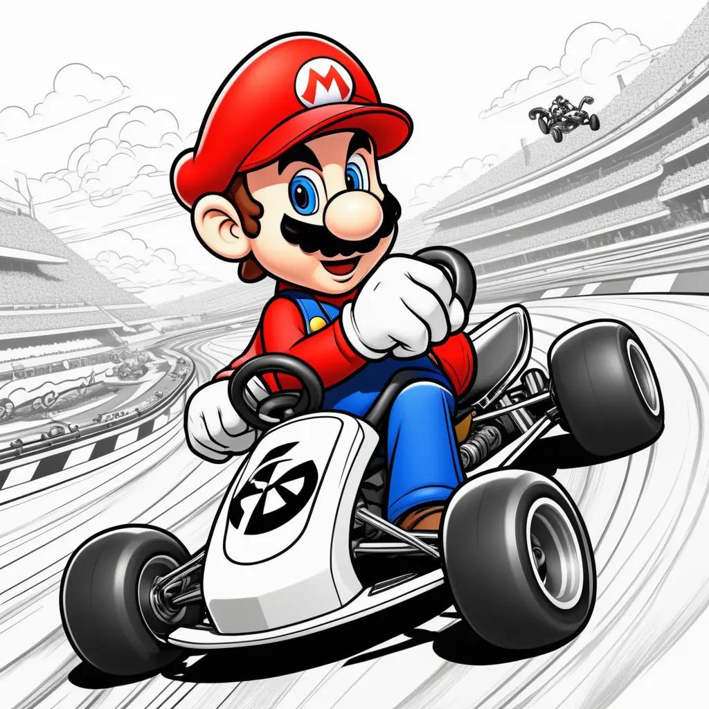 Mario kart coloring page shows a cartoon character driving a race car