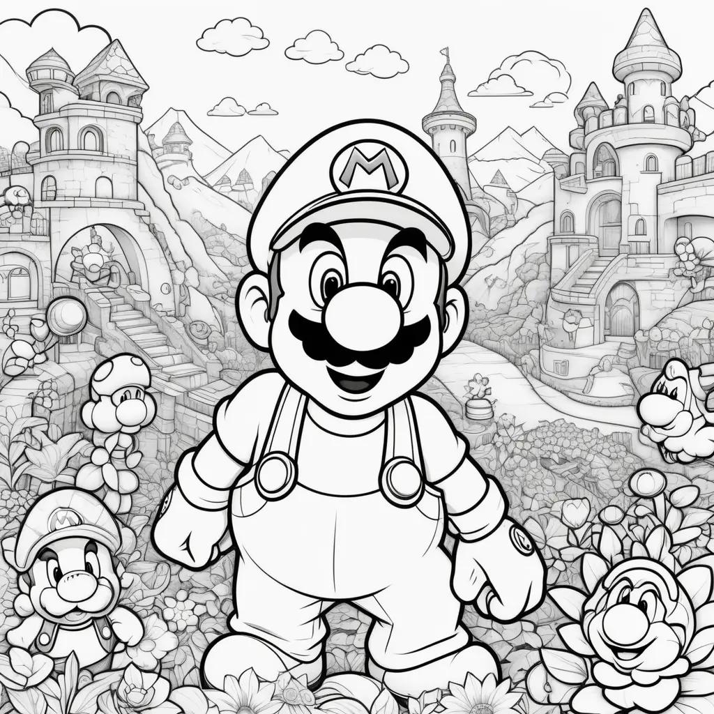 Mario movie coloring pages featuring a castle and flowers