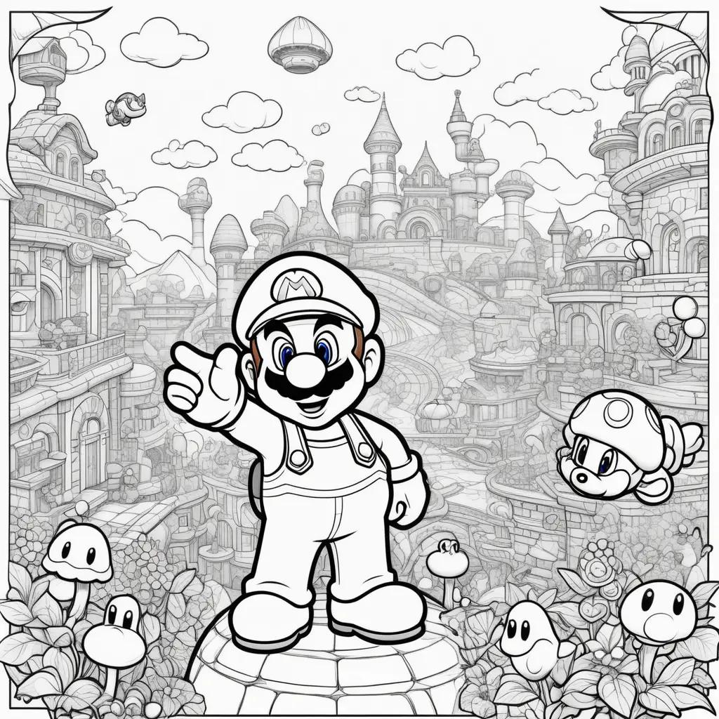 Mario movie coloring pages featuring a city and various characters