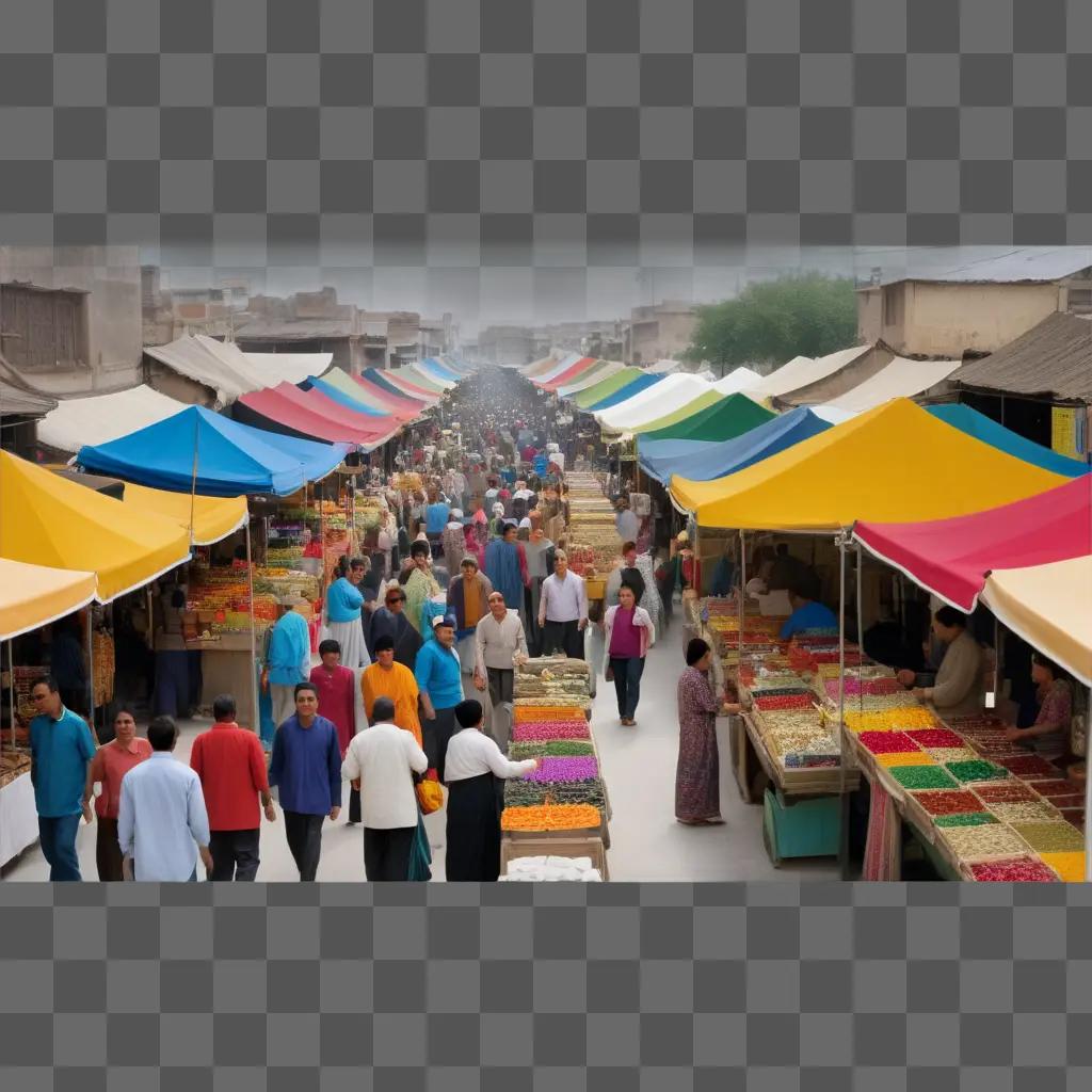 Market full of colorful stands and people shopping