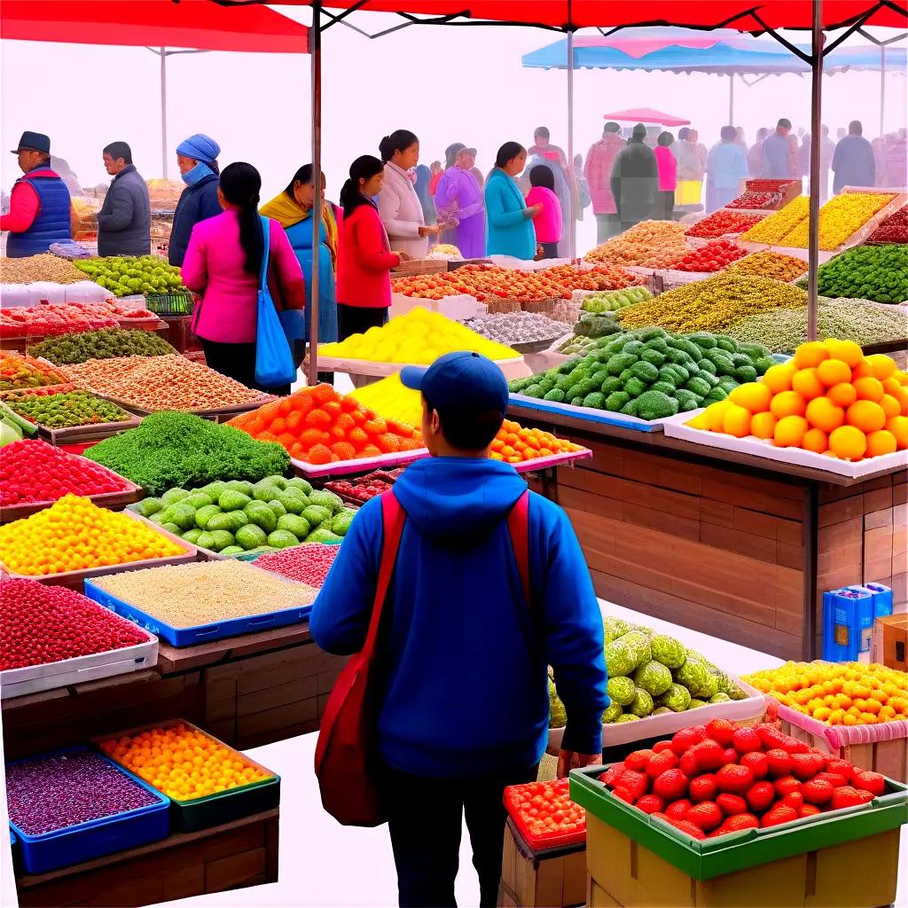 Market with various fruits and people buying