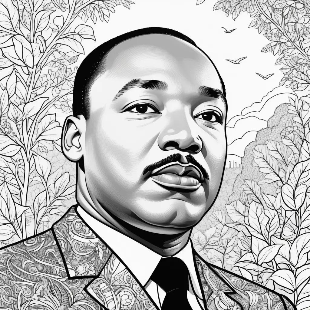 Martin Luther King coloring page by artist with trees and birds