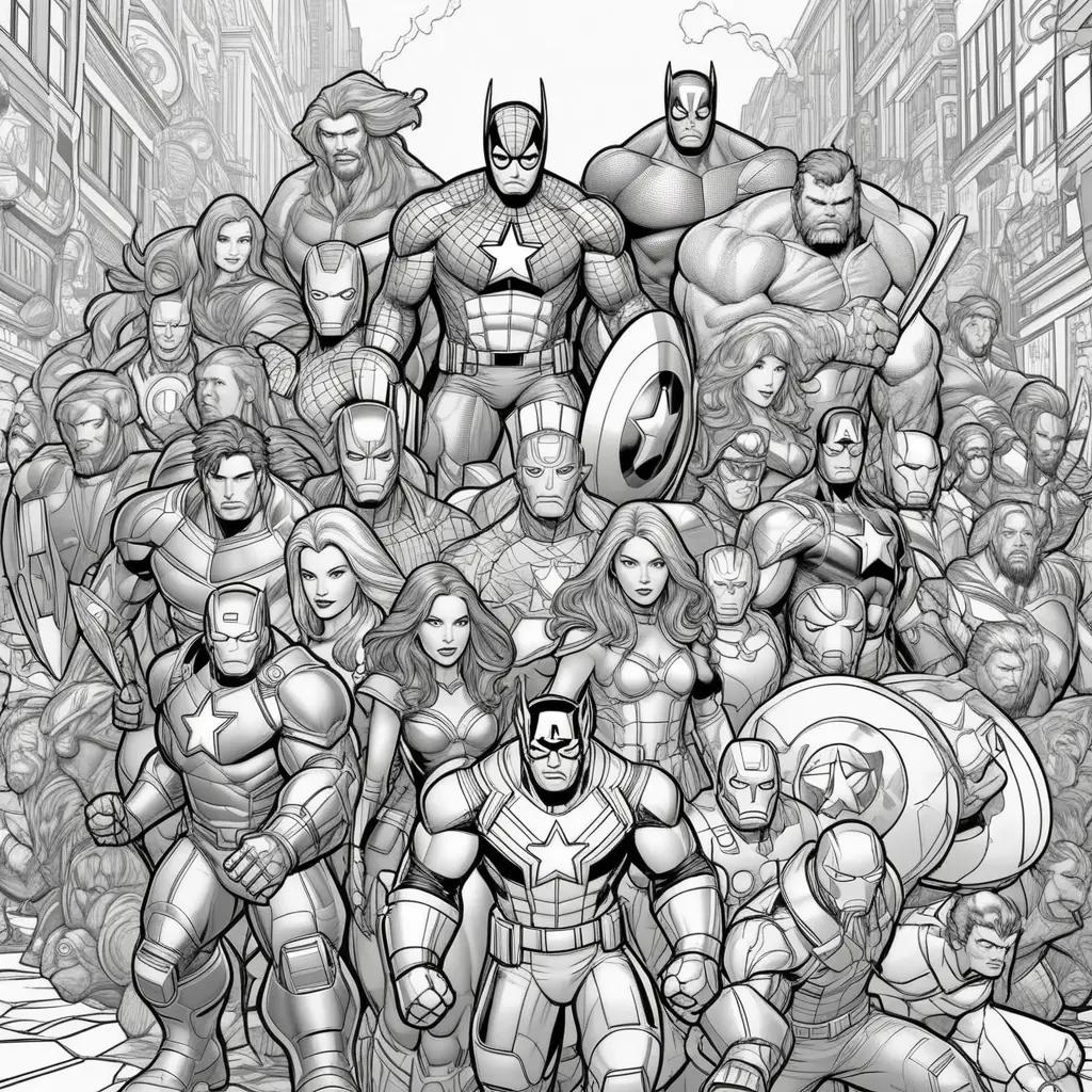 Marvel characters in a black and white coloring page