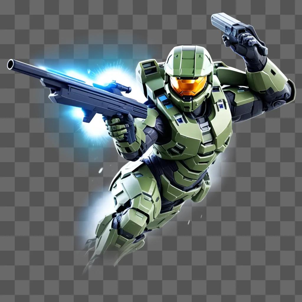 Master Chief holds gun in a sci-fi setting