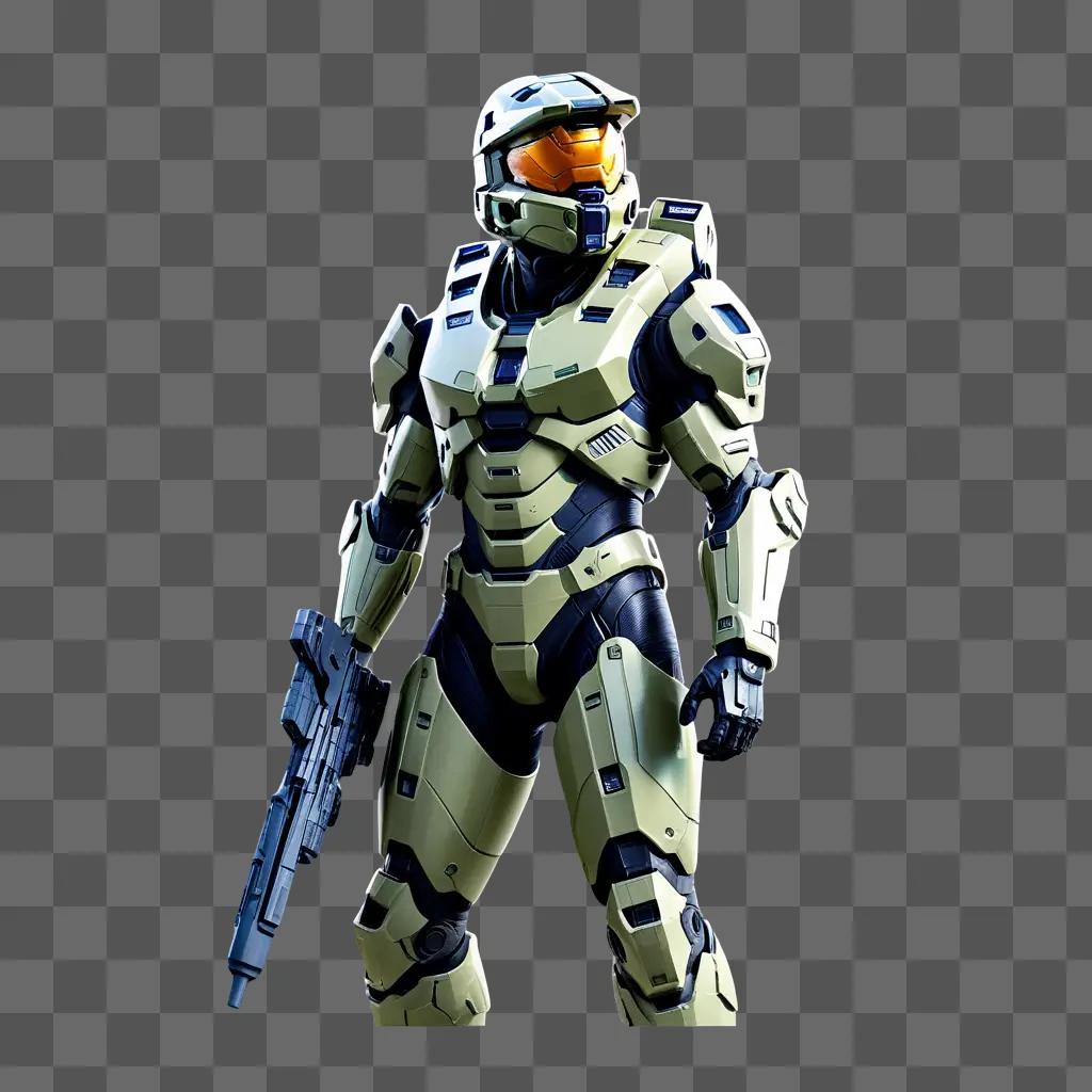 Master Chief in a futuristic suit holds a gun