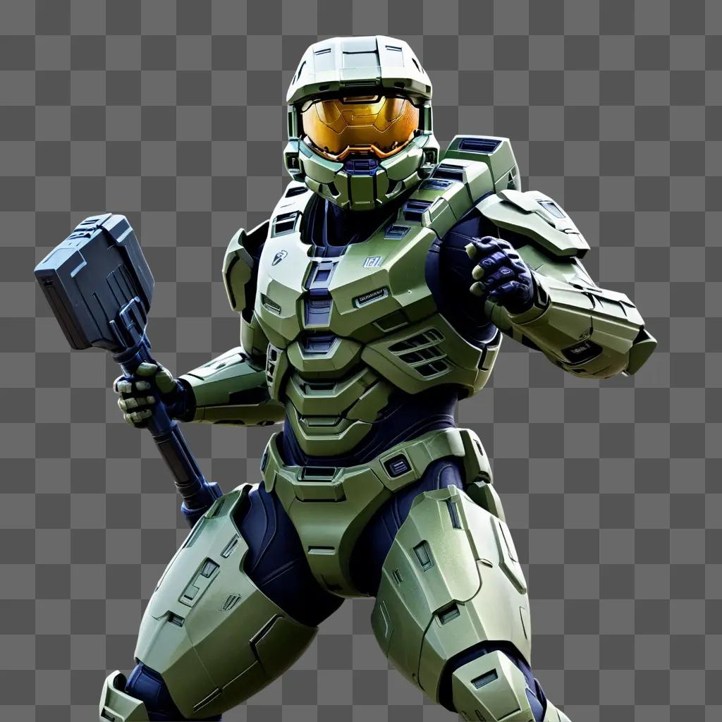 Master Chief in his green armor with a hammer