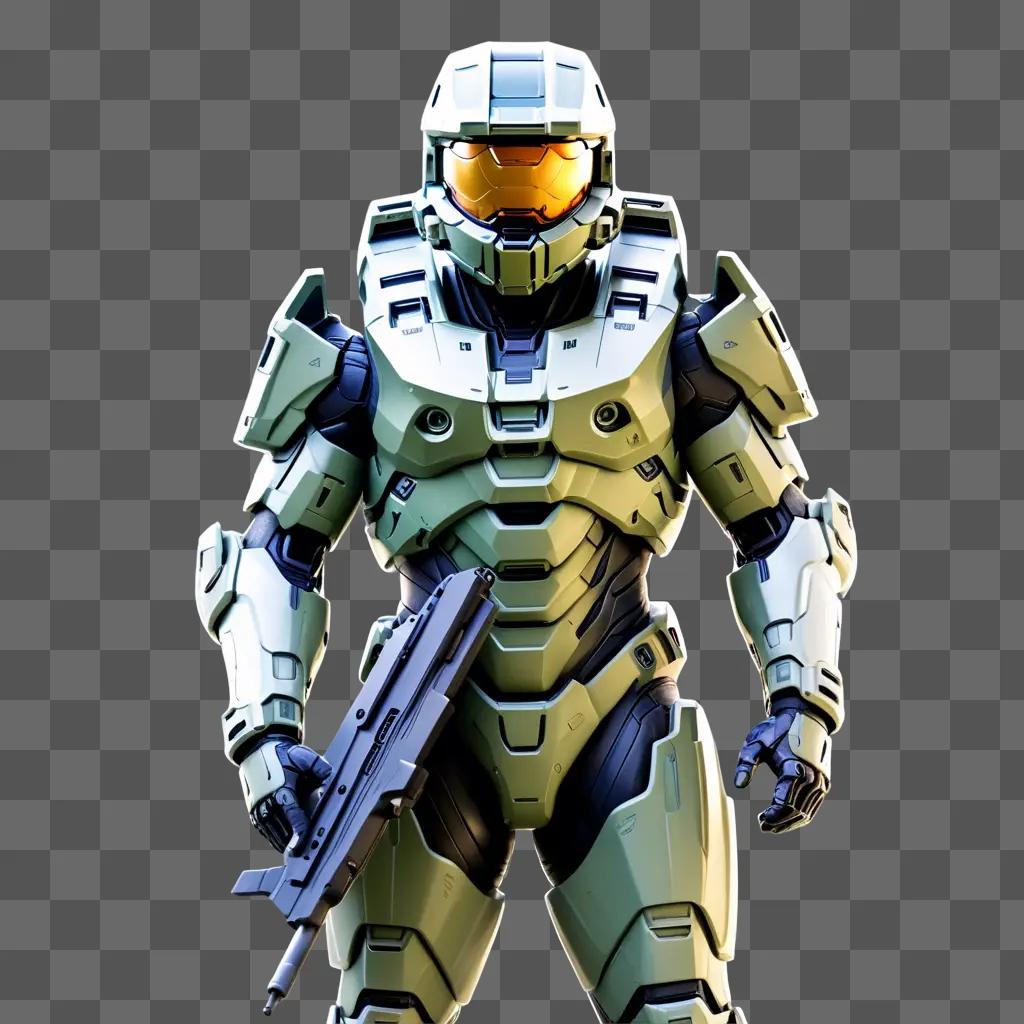 Master Chief wields a weapon against a gray background