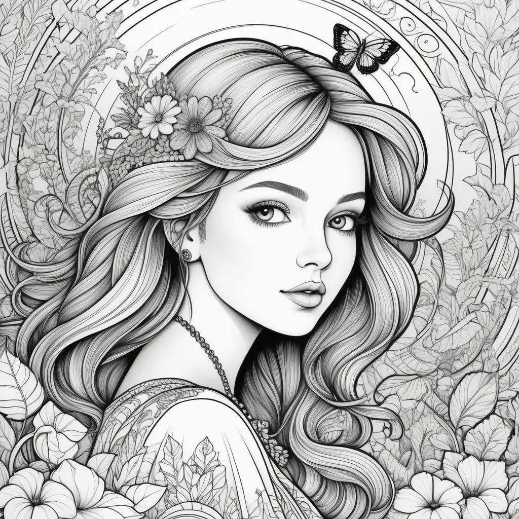 May coloring pages with beautiful girl and flowers