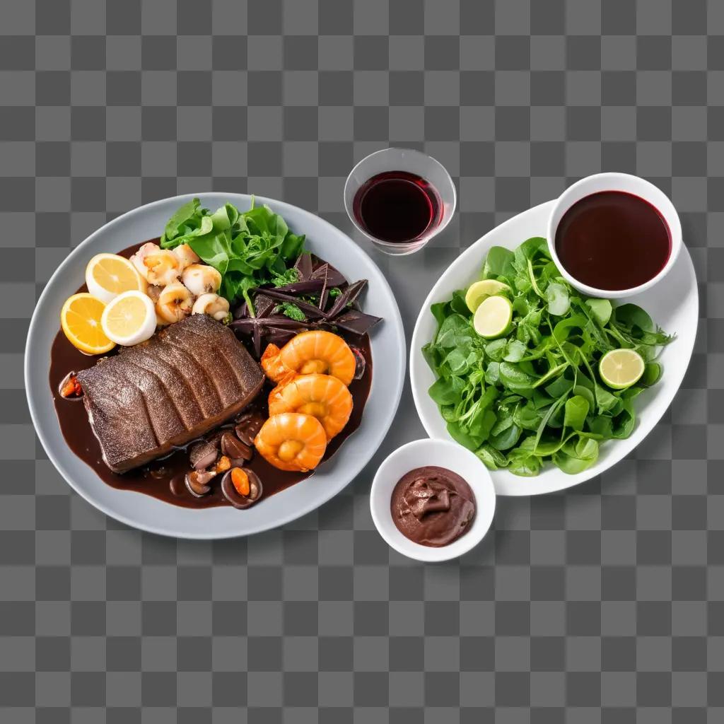 Meal presentation with meat, shrimp, and green vegetables