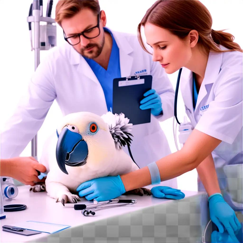 Medical professionals examine a bird