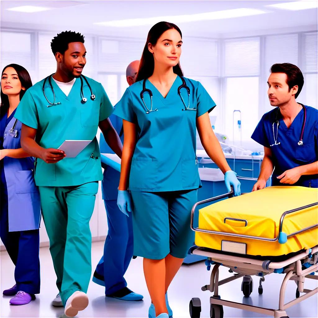 Medical staff in scrubs walking in a hospital