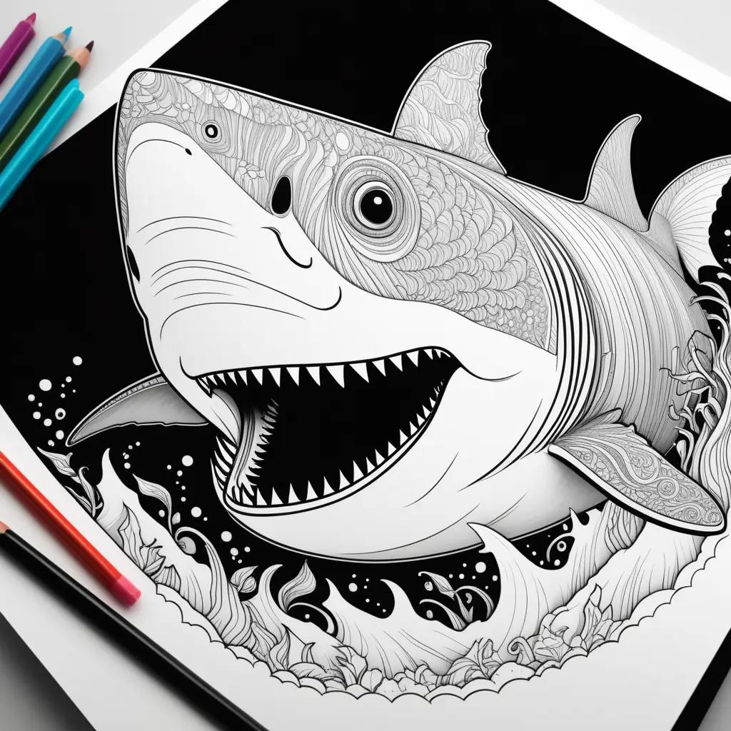 Megalodon coloring page with sharp teeth and colorful background