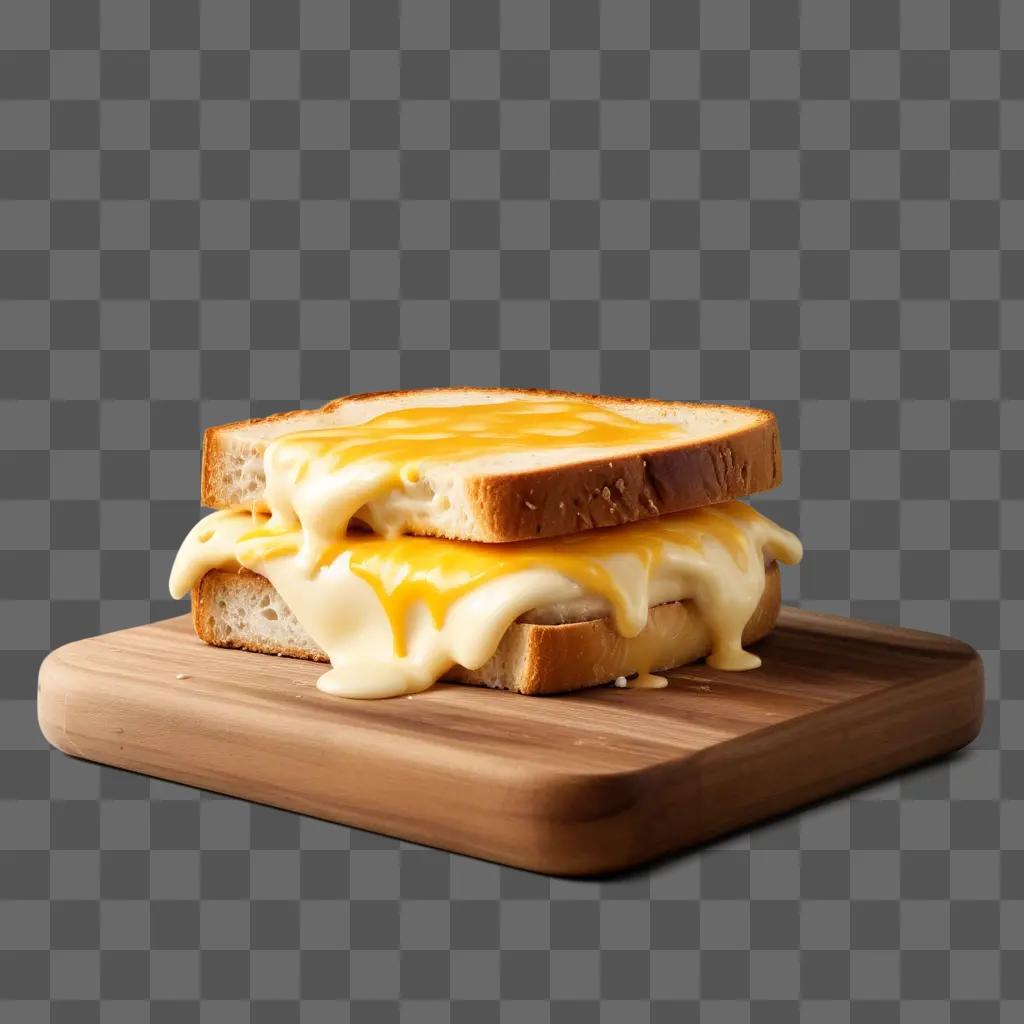 Melted cheese on a sandwich on a wooden board