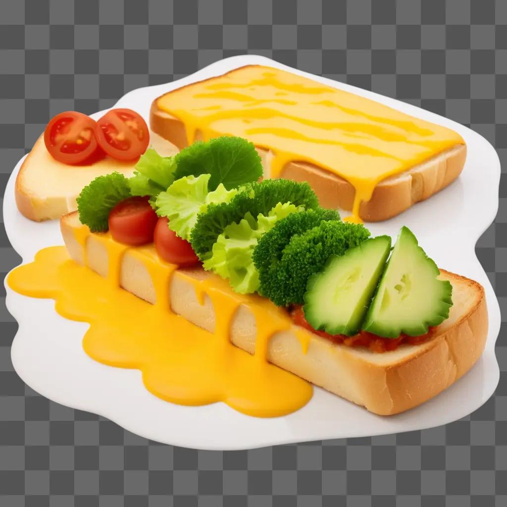 Melted cheese on a toasted bread with veggies