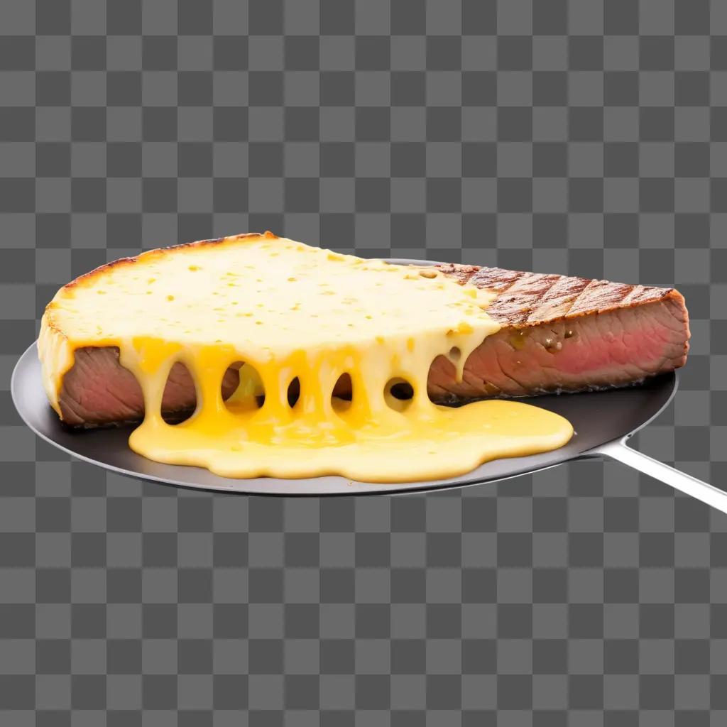 Melted cheese on steak on a plate