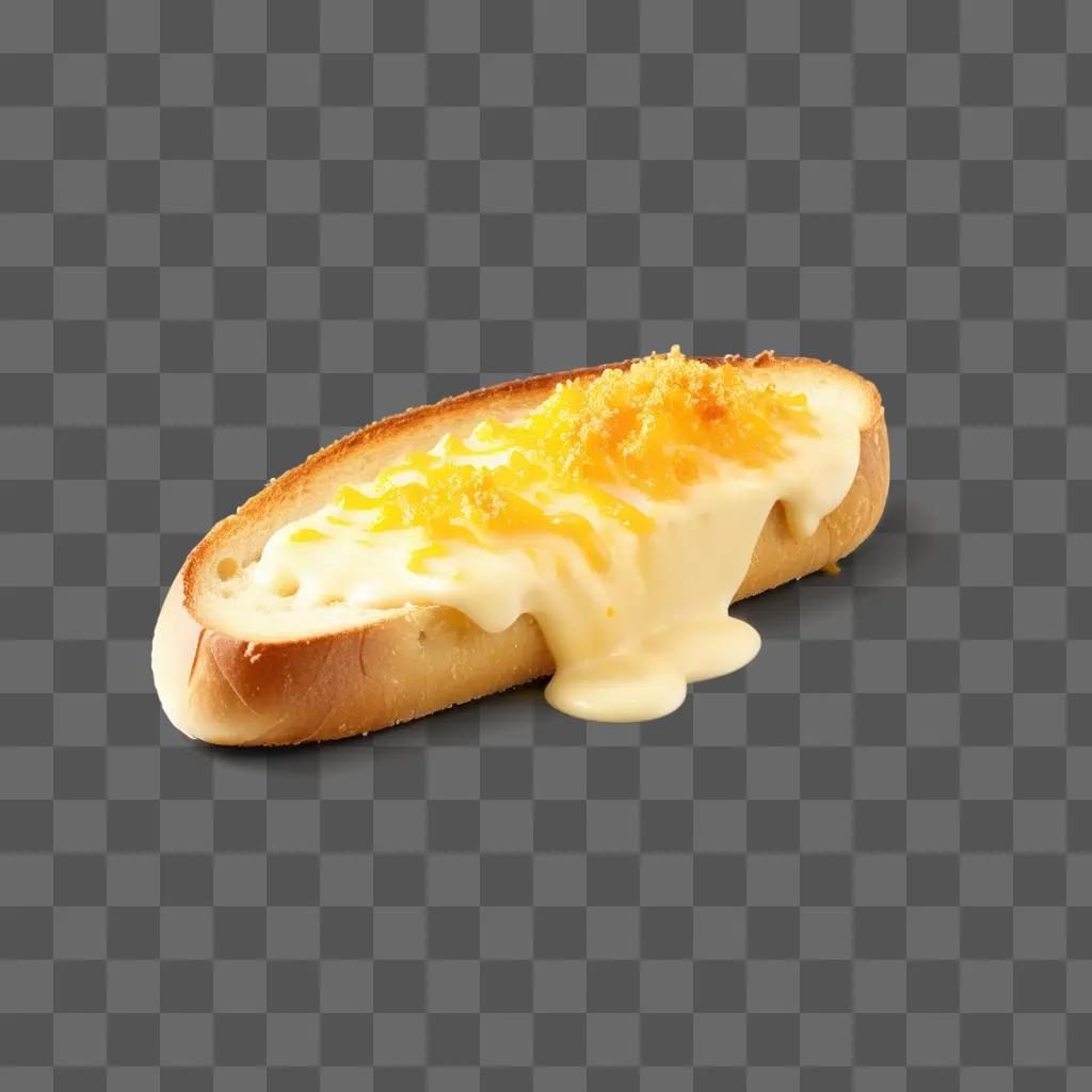 Melted cheese topping a grilled bread with yellow sauce