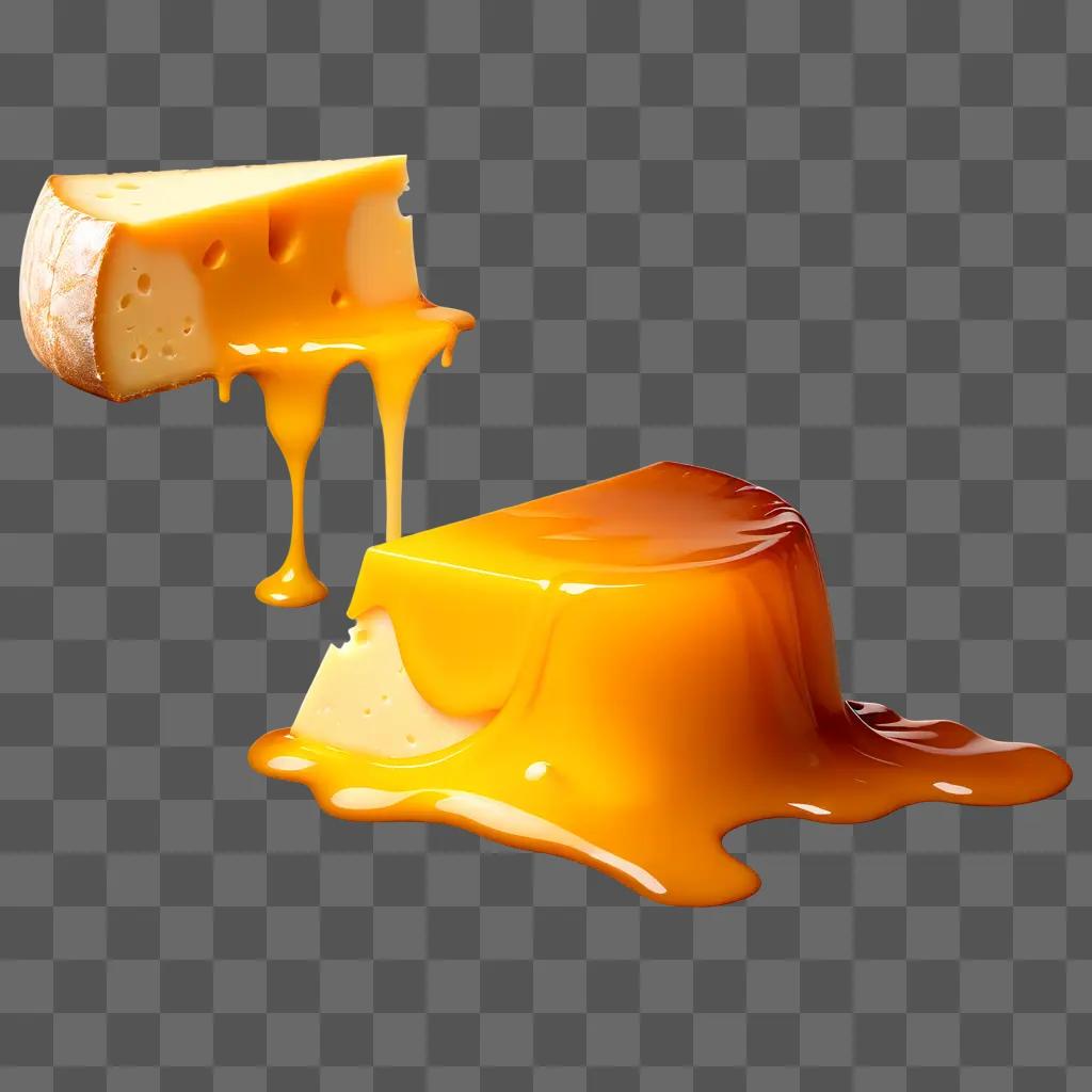 Melting cheese drips and slices on a yellow surface