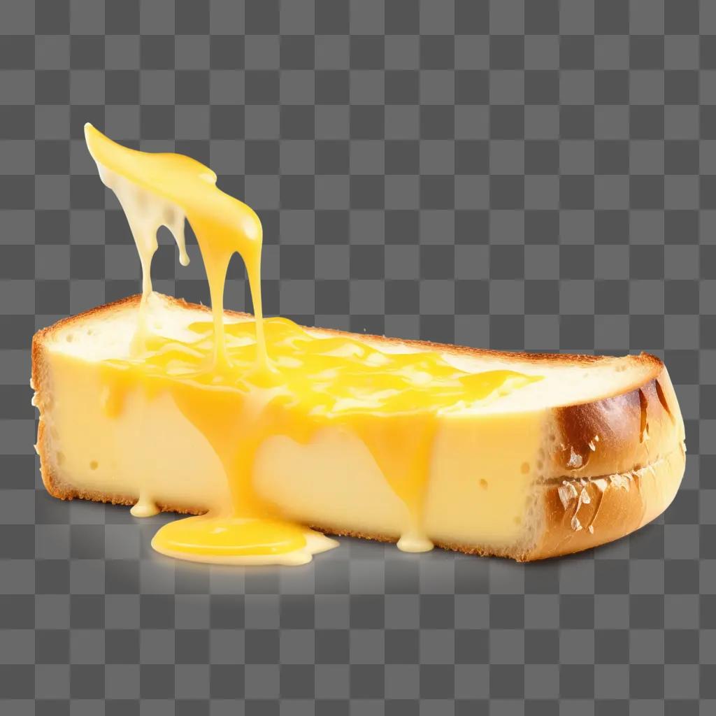 Melting cheese drips from bread on yellow background